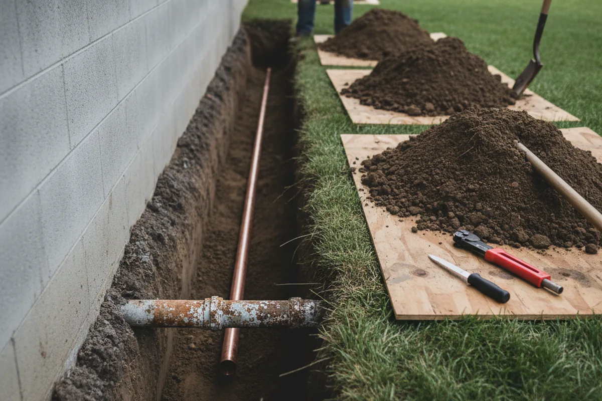 Excavated water line trench during Water Heater Repair in Telford